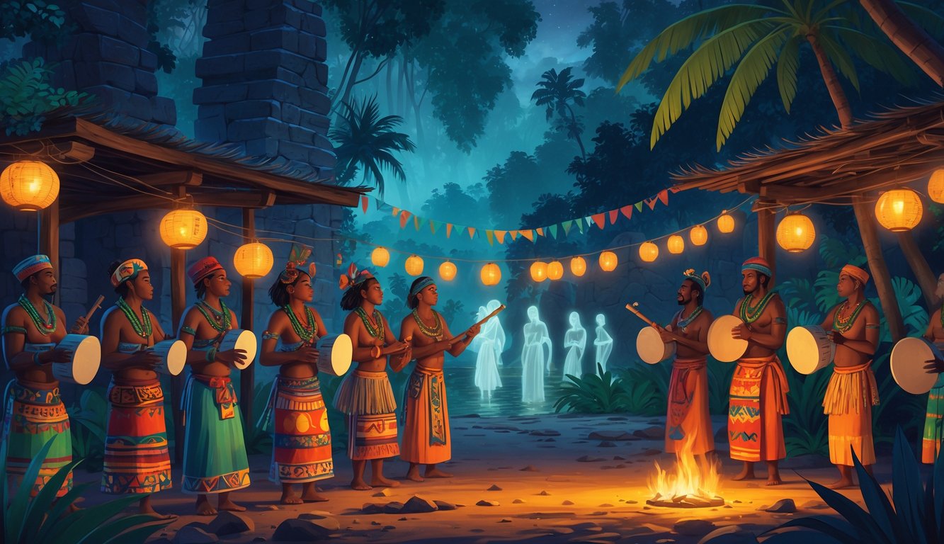 A nighttime festival in Dominica with people playing traditional instruments and wearing colorful costumes, surrounded by ancient ruins and tropical forest, with faint ghostly figures adding a mysterious atmosphere.