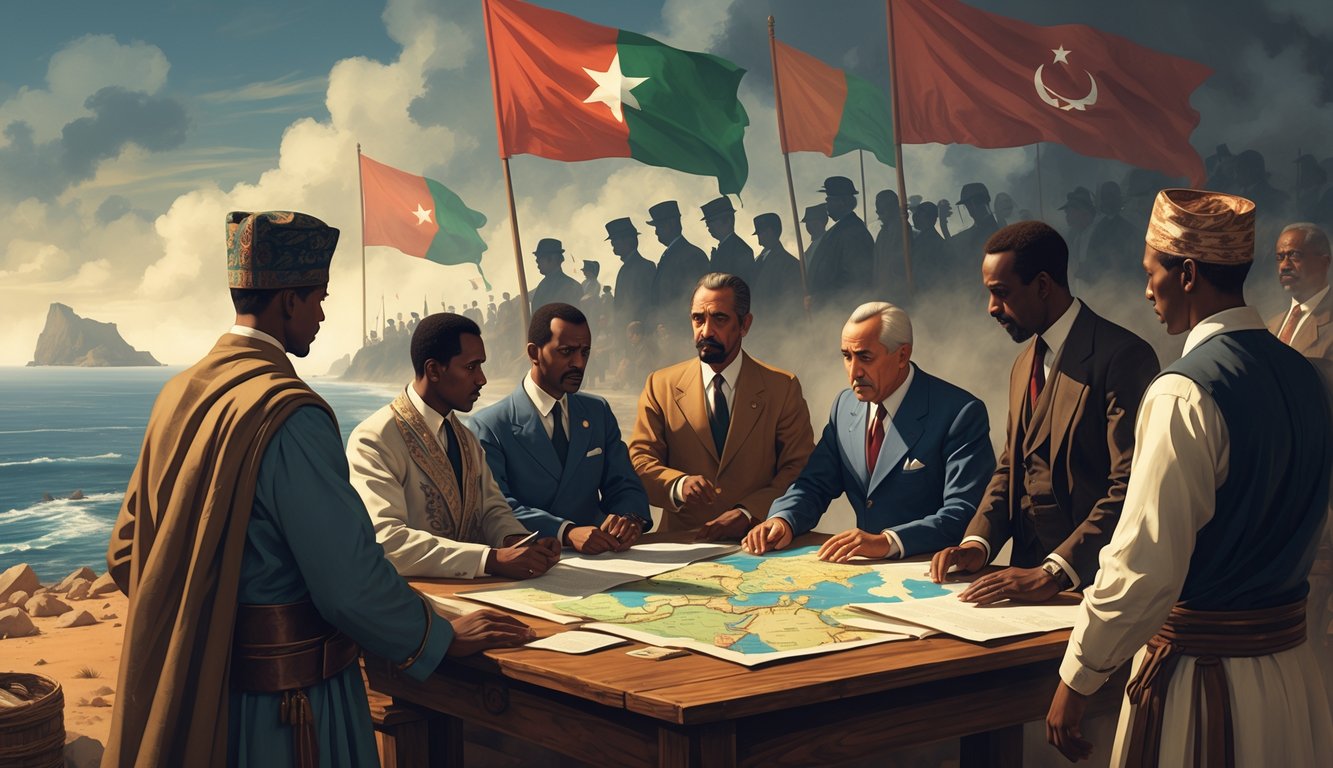 A group of historical figures in traditional clothing gathered around a table with maps, set against a coastal landscape with the sea in the background, symbolizing political discussion and intrigue in Djibouti's history.