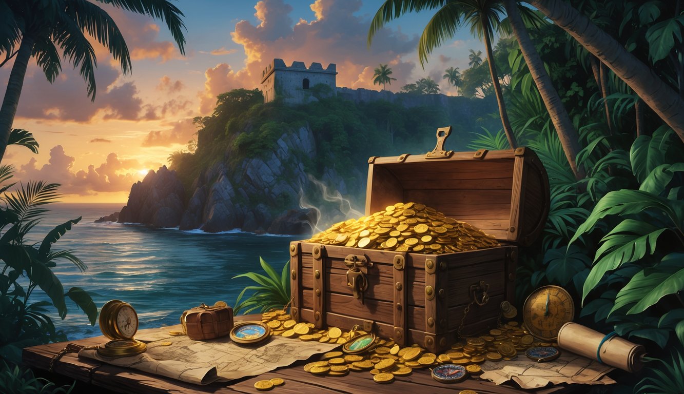 An ancient treasure chest overflowing with gold and jewels in a tropical jungle near a colonial Spanish fort at sunset.