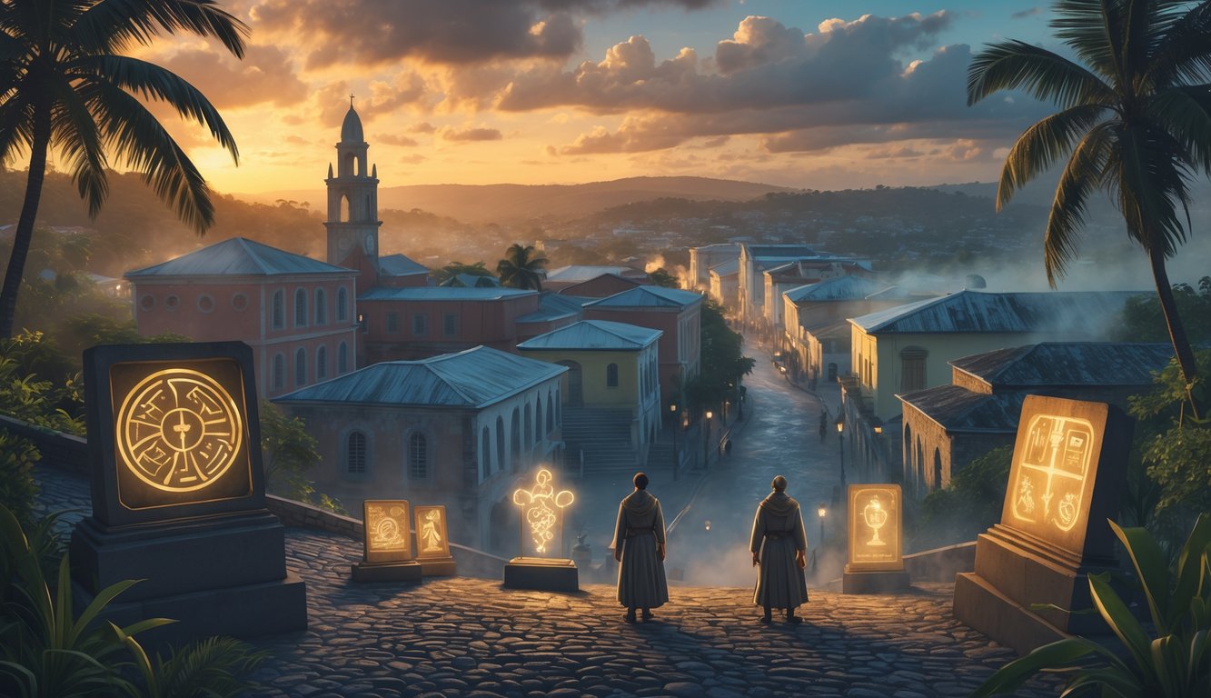 A panoramic view of Roseau’s historic district with colonial buildings, cobblestone streets, tropical plants, glowing ancient artifacts, and faint ghostly figures in mist under a warm sunset sky.