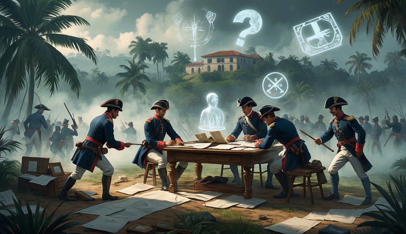 A group of 19th-century Dominican soldiers planning around a table with maps, set against a tropical landscape with colonial buildings and mysterious ghostly symbols floating nearby.