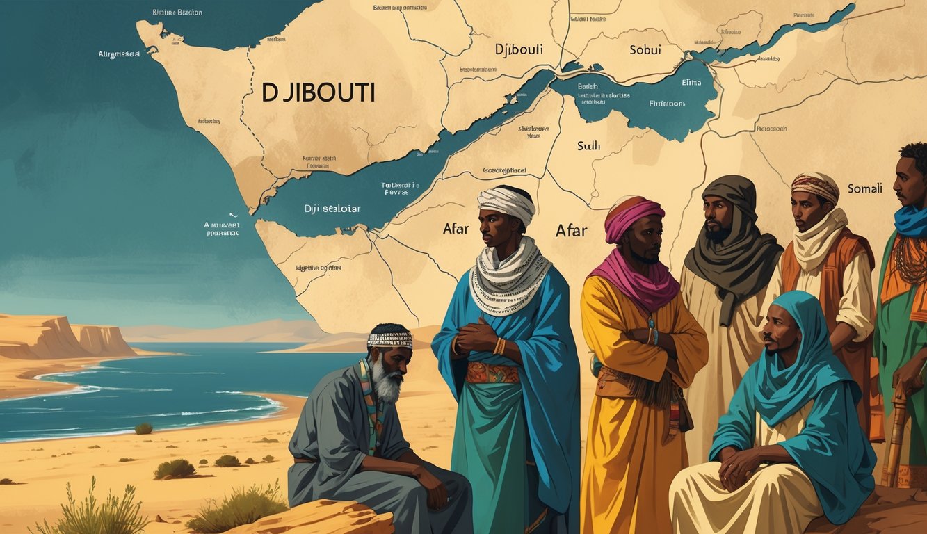 Illustration showing diverse ethnic groups of Djibouti in traditional clothing with a map and landscape elements in the background, symbolizing historical tensions and cultural diversity.