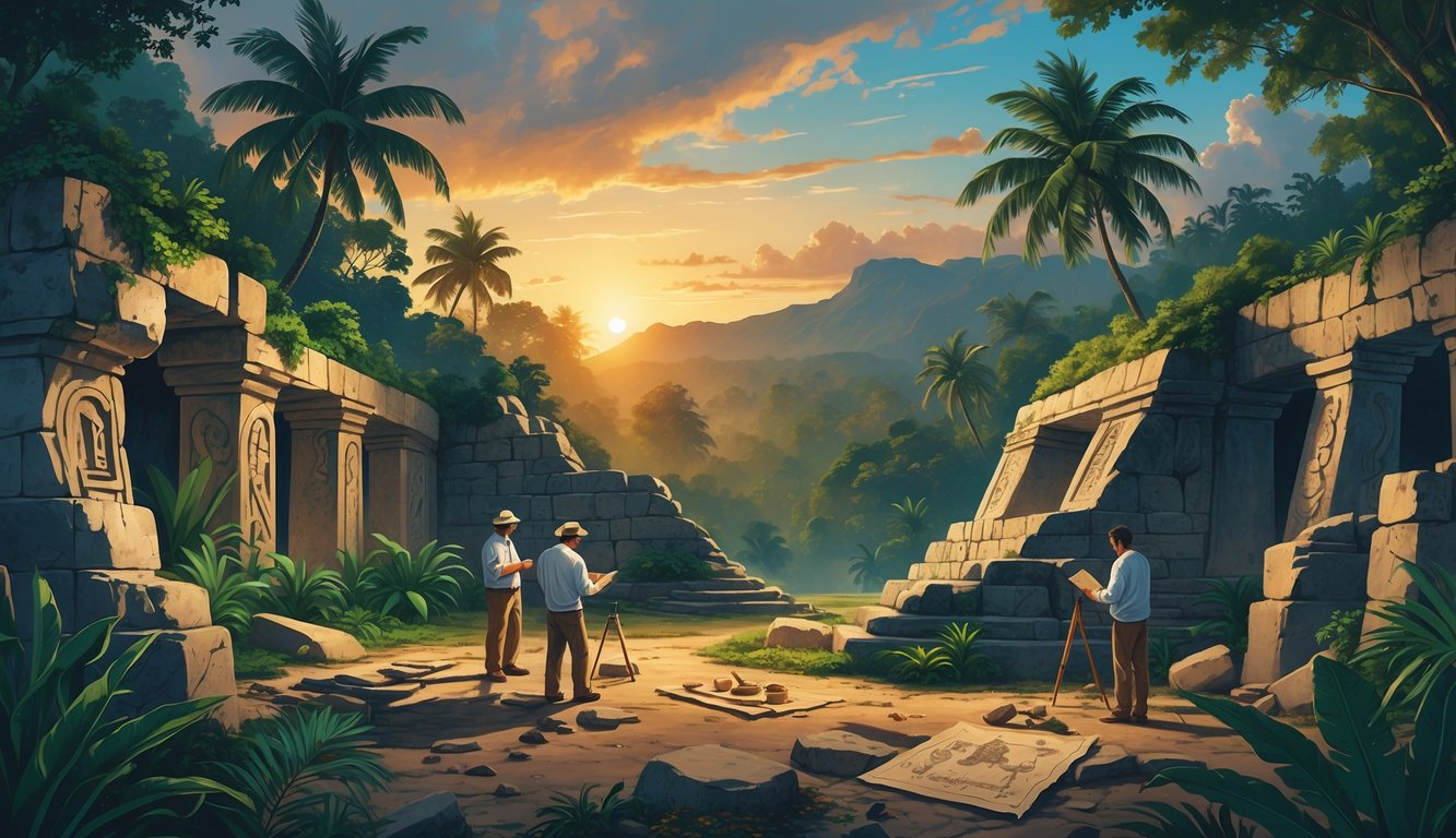 Ancient stone ruins surrounded by tropical vegetation with archaeologists examining artifacts under a sunrise in a jungle setting.