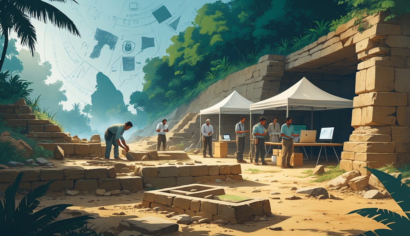 Archaeologists working at an excavation site in the Dominican Republic surrounded by tropical plants and ancient stone ruins, with researchers examining artifacts and discussing findings nearby.
