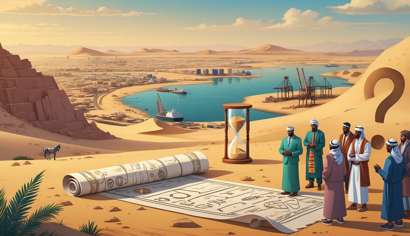 A panoramic view of Djibouti showing desert, port, and nomadic people with symbolic elements like an ancient scroll and an hourglass representing economic and social questions.