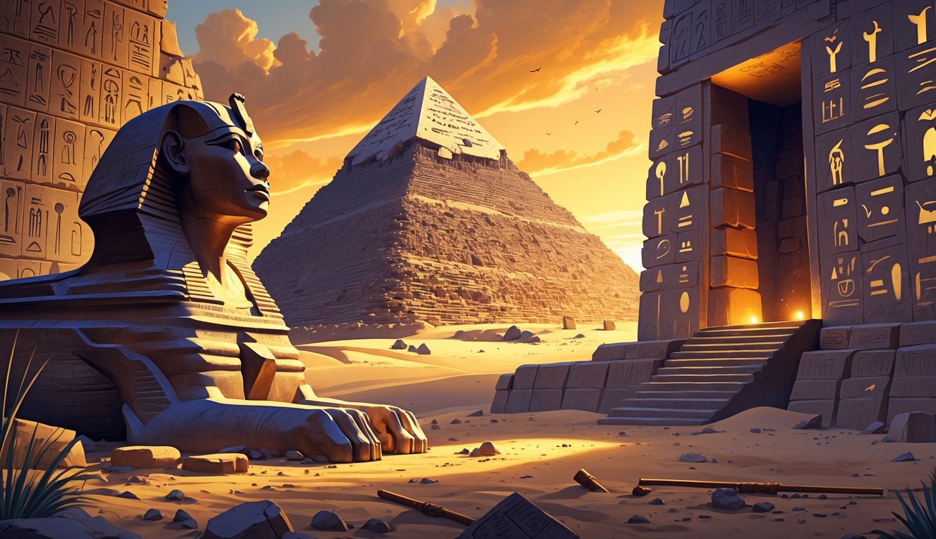 A scene showing the Great Pyramid of Giza, the Sphinx, ancient hieroglyphs, and a partially opened tomb entrance with archaeological tools on the ground.