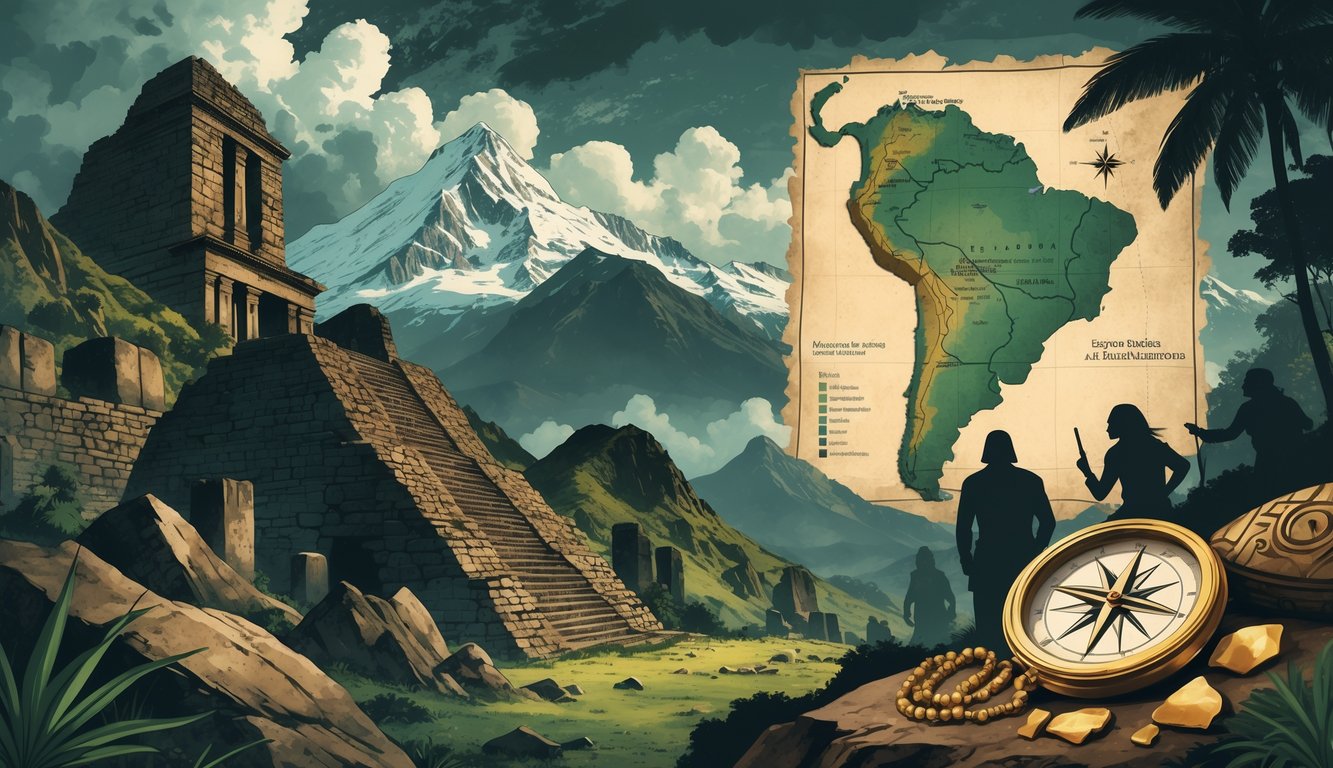 A detailed illustration showing Ecuador's ancient ruins, petroglyphs, Andean mountains, and historical artifacts representing the country's biggest historical mysteries.