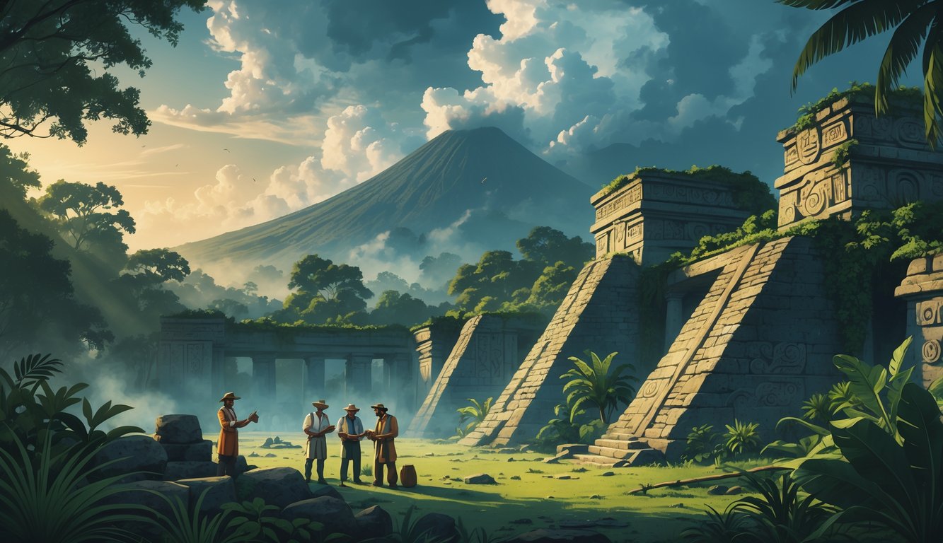 A group of archaeologists examining ancient Mayan ruins surrounded by jungle with a volcano in the background under a cloudy sky.