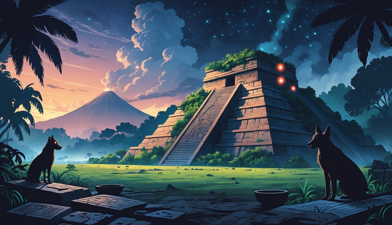 A mysterious ancient Mayan pyramid surrounded by jungle, with ghostly figures and a glowing mythical black dog nearby, set against a misty volcano at twilight.