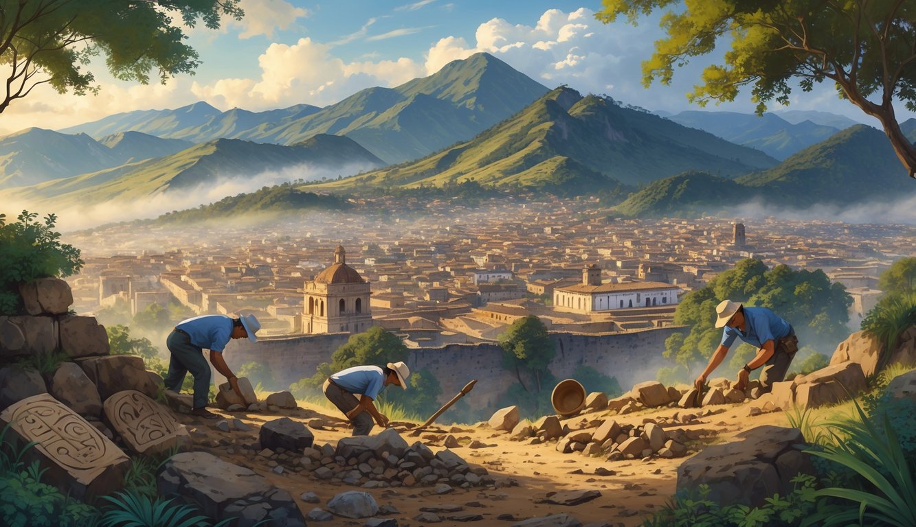 A view of Cuenca’s old city with archaeologists uncovering ancient stone ruins and artifacts, surrounded by Andean mountains and mist.