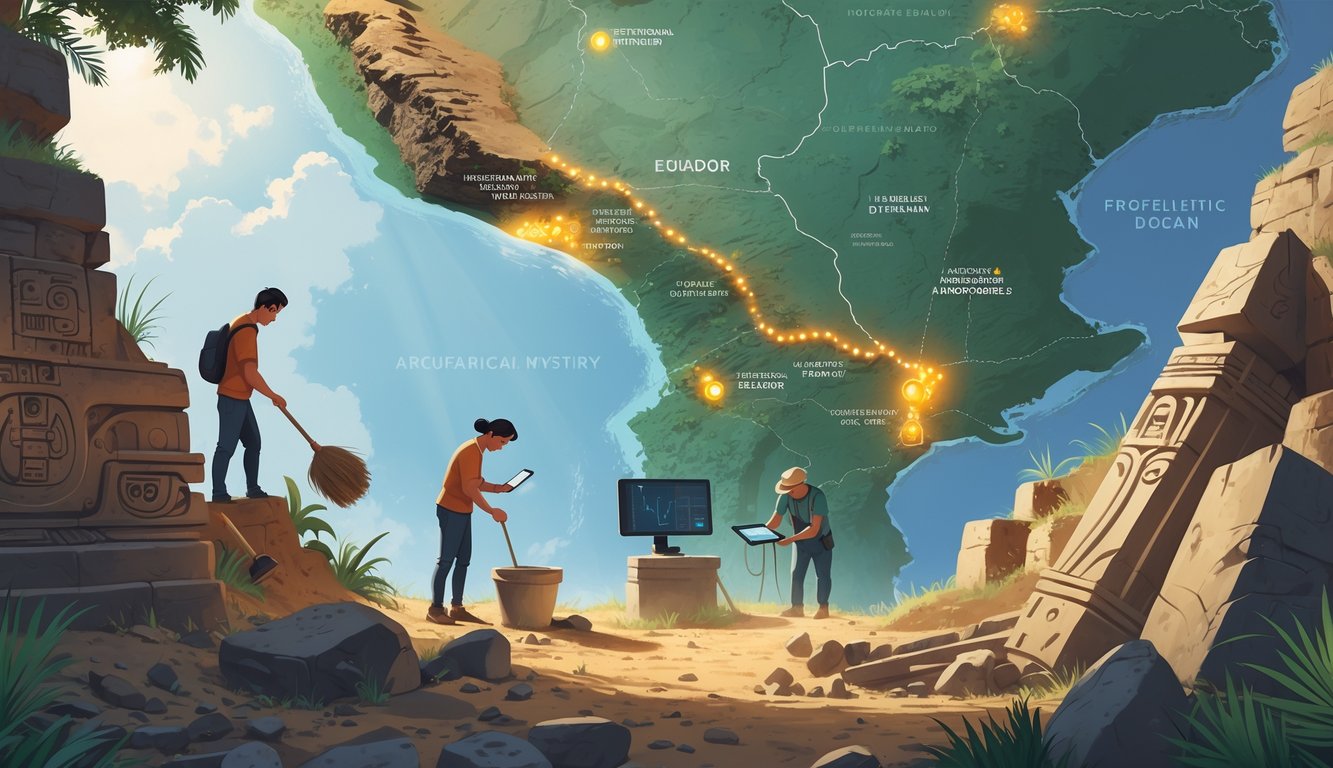 Researchers excavating ancient artifacts and studying archaeological sites in Ecuador with a map and historical ruins in the background.