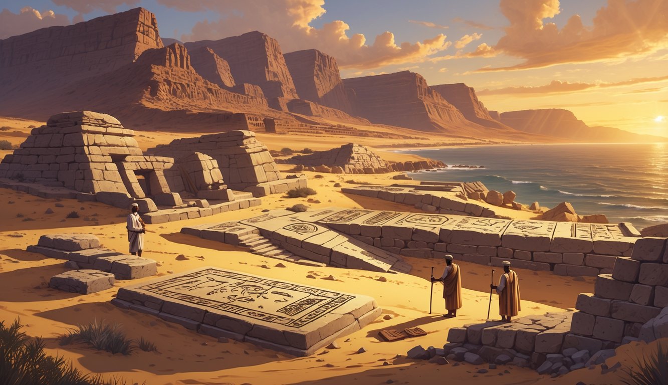 An ancient Eritrean landscape with ruins, artifacts, and historians exploring archaeological sites under a golden sunset.