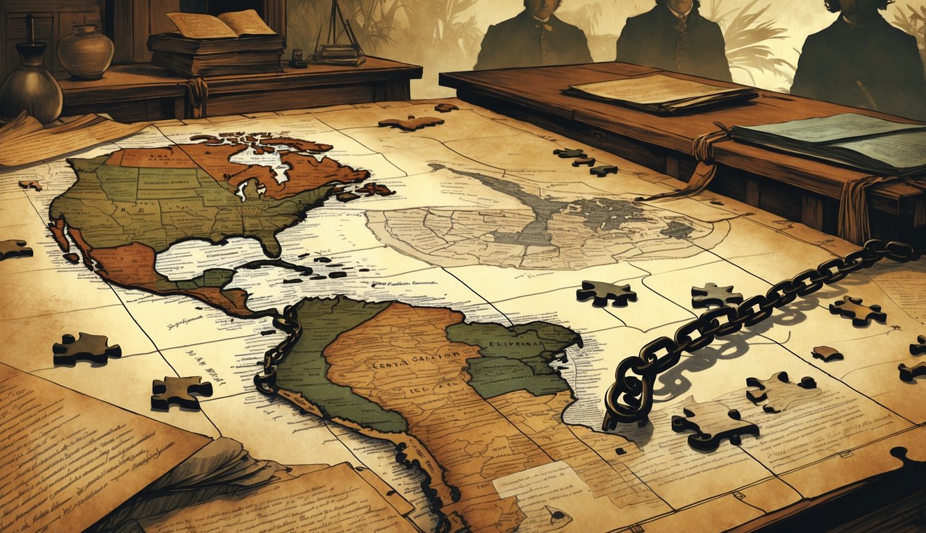 A table with a partially completed jigsaw puzzle, an old map of Central America, historical documents, and faint figures in the background representing El Salvador's independence and federation challenges.