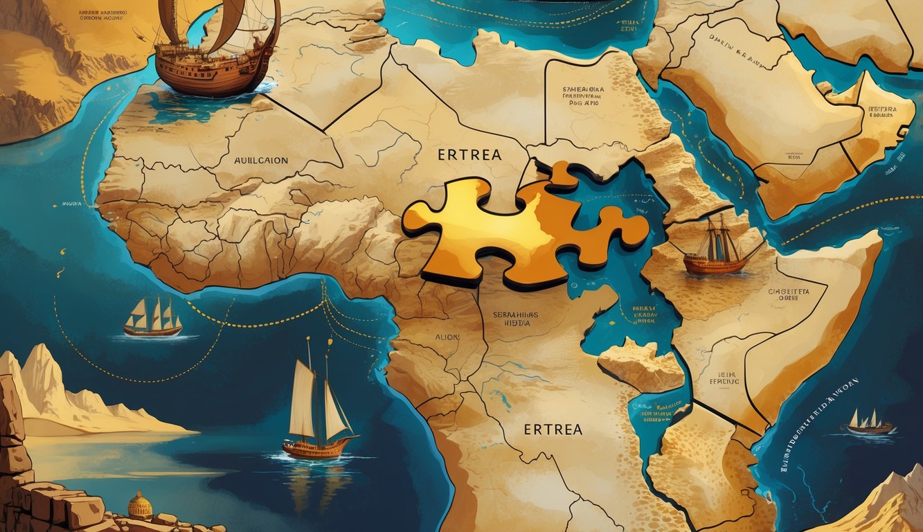 An illustration of an ancient map of Eritrea with puzzle pieces fitting together, surrounded by ships, trade routes, and landmarks representing its strategic location and history.