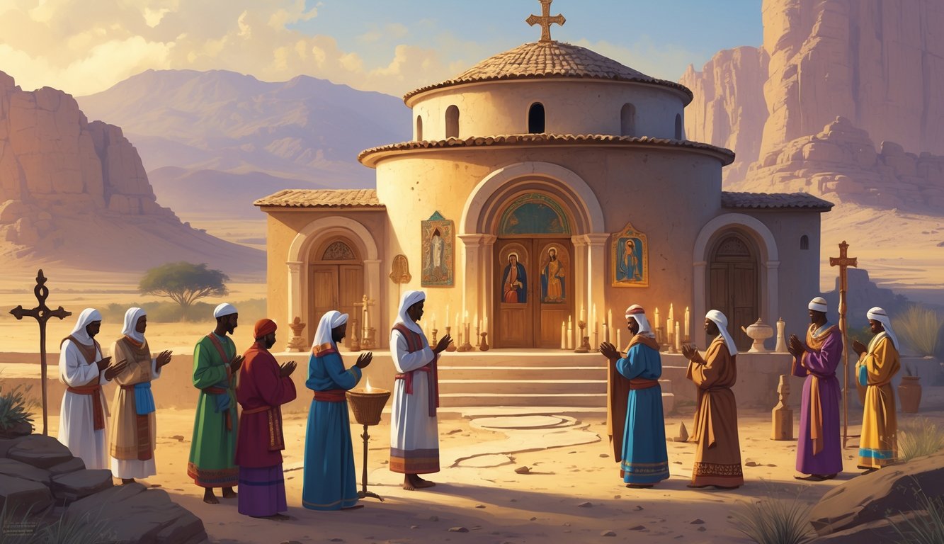 A scene showing an Eritrean Orthodox church surrounded by mountains, with people in traditional clothing performing religious rituals and ancient artifacts nearby.