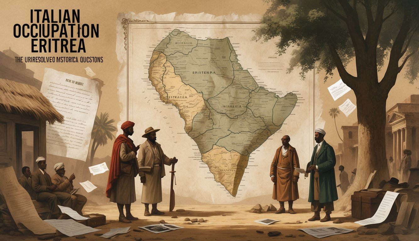 A historical scene showing a map of Eritrea with old documents and photographs, alongside figures in early 20th-century clothing representing Eritrean people and Italian colonizers, highlighting a complex and unresolved historical period.