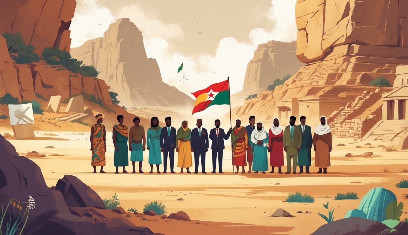 A group of Eritrean people united with their flag, set against a landscape of mountains, desert, and sea, with ancient structures and mysterious symbols in the background.