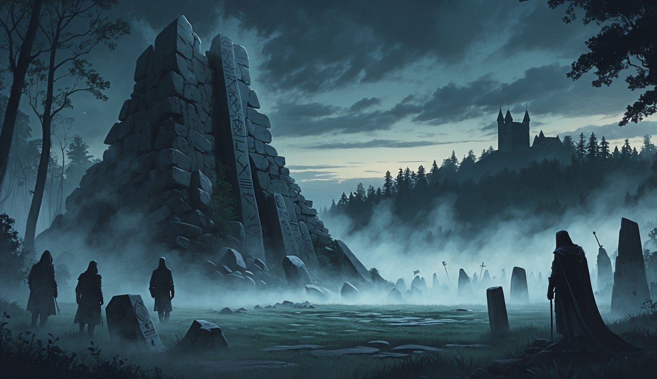A misty forest with an ancient stone crater, rune stones, medieval knights, and a fog-covered castle on a hill at twilight.