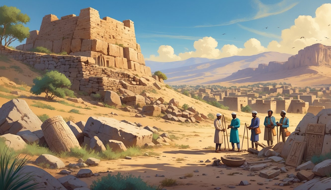 An ancient stone fortress on a rocky hill with archaeologists examining artifacts in a dry landscape near traditional villages.