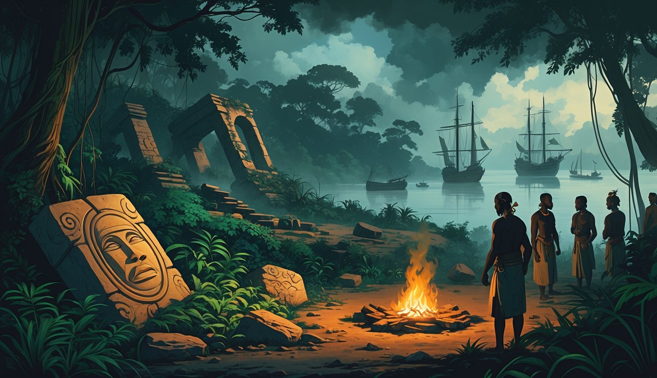 A tropical rainforest with ancient ruins and a carved stone artifact in the foreground, indigenous people performing a ritual around a fire, and old colonial ships anchored near a misty coastline.