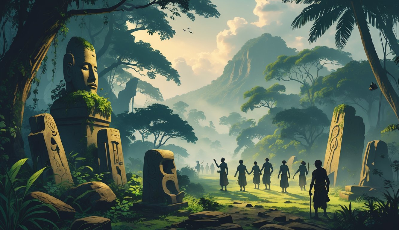 A dense rainforest scene with ancient stone artifacts and early indigenous people near misty mountains, suggesting historical mystery.