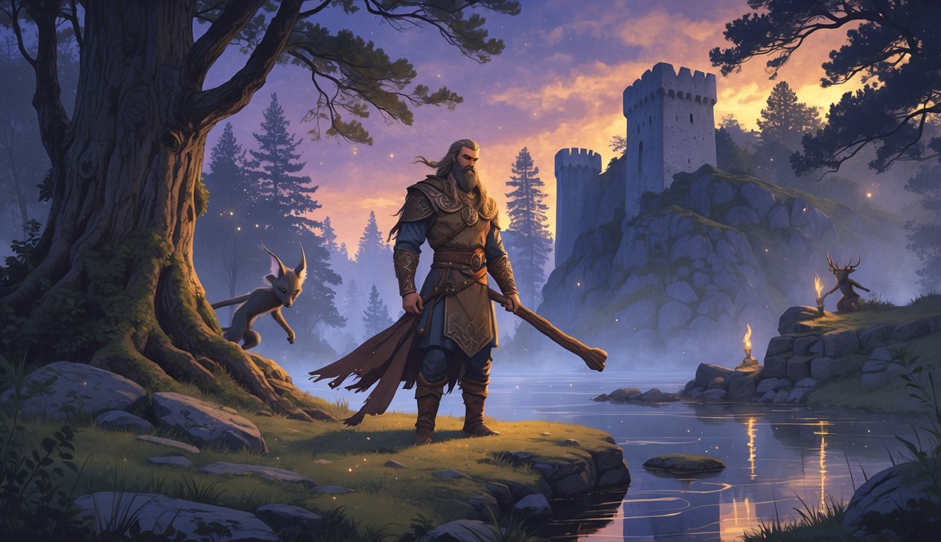 A heroic figure stands in a misty forest surrounded by mythical creatures near an ancient stone fortress under a twilight sky.