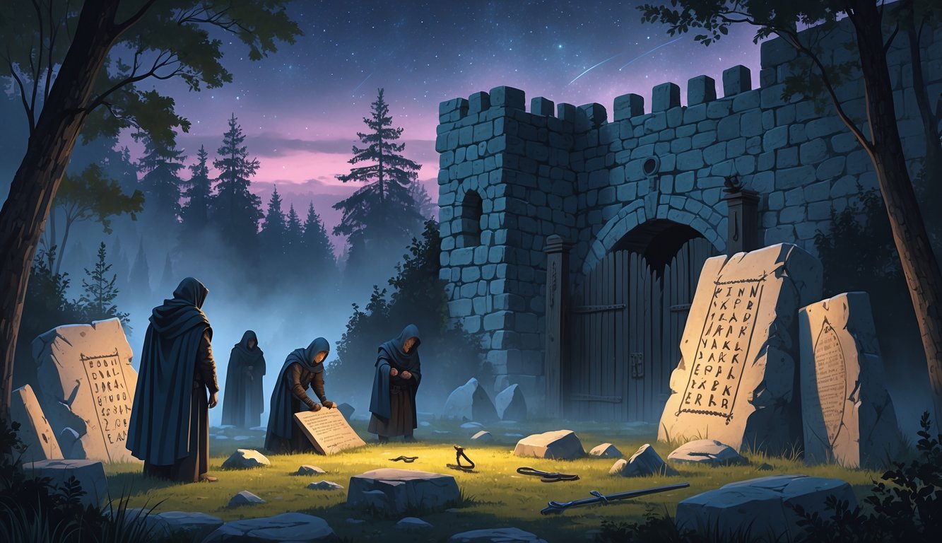 A medieval Estonian stone fortress surrounded by misty forest with cloaked figures examining ancient runes and artifacts under a twilight sky with northern lights.