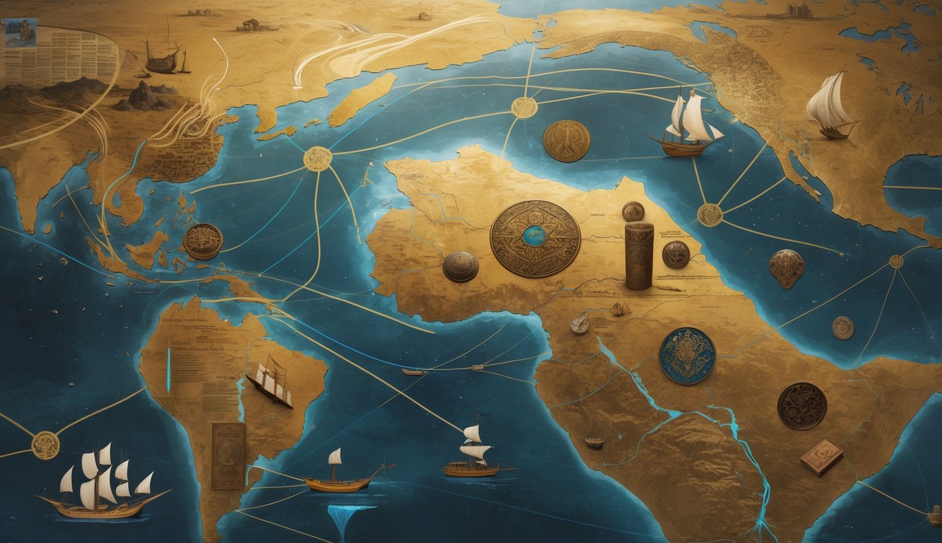 A detailed map of Eritrea surrounded by glowing lines connecting to different parts of the world, with ancient artifacts and ships symbolizing historical mysteries and global connections.