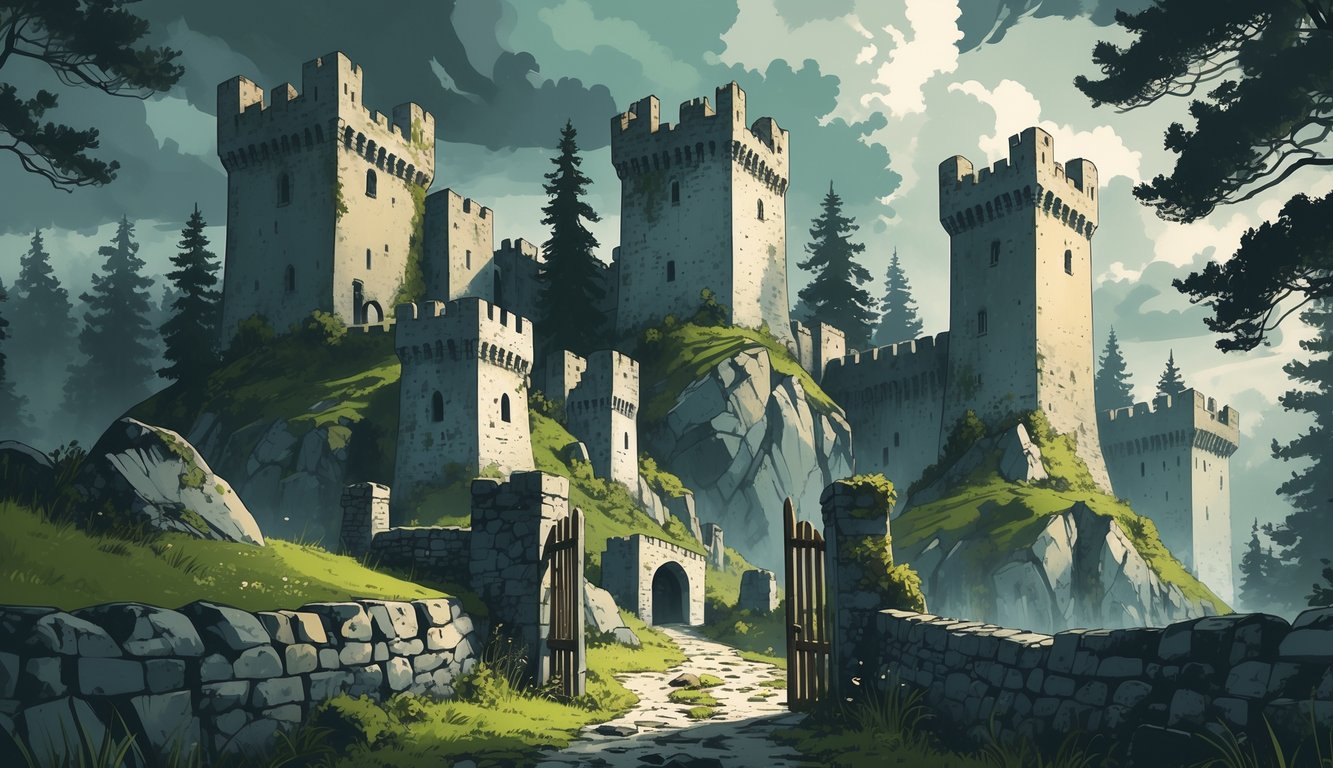 A misty landscape with ancient stone castles and strongholds surrounded by pine forests and rocky hills under a cloudy sky.