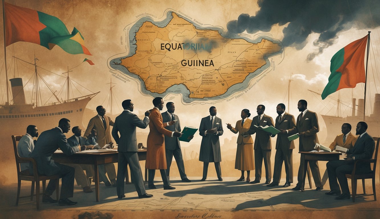 A group of people discussing plans in front of a historical map of Equatorial Guinea, with colonial buildings and ships in the background under a dramatic sky.