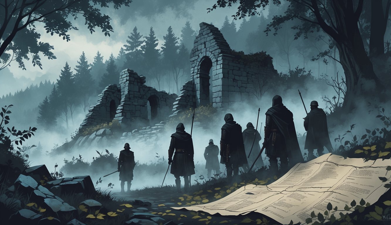 A misty landscape with ancient ruins, shadowy historical figures, and symbolic objects representing Estonia's hidden historical mysteries.