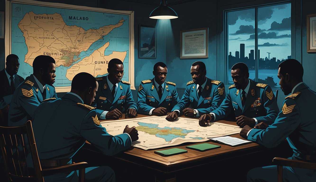 A group of people in military and formal clothing meeting around a table with maps and documents, with a map of Equatorial Guinea on the wall and a city skyline visible through a window.