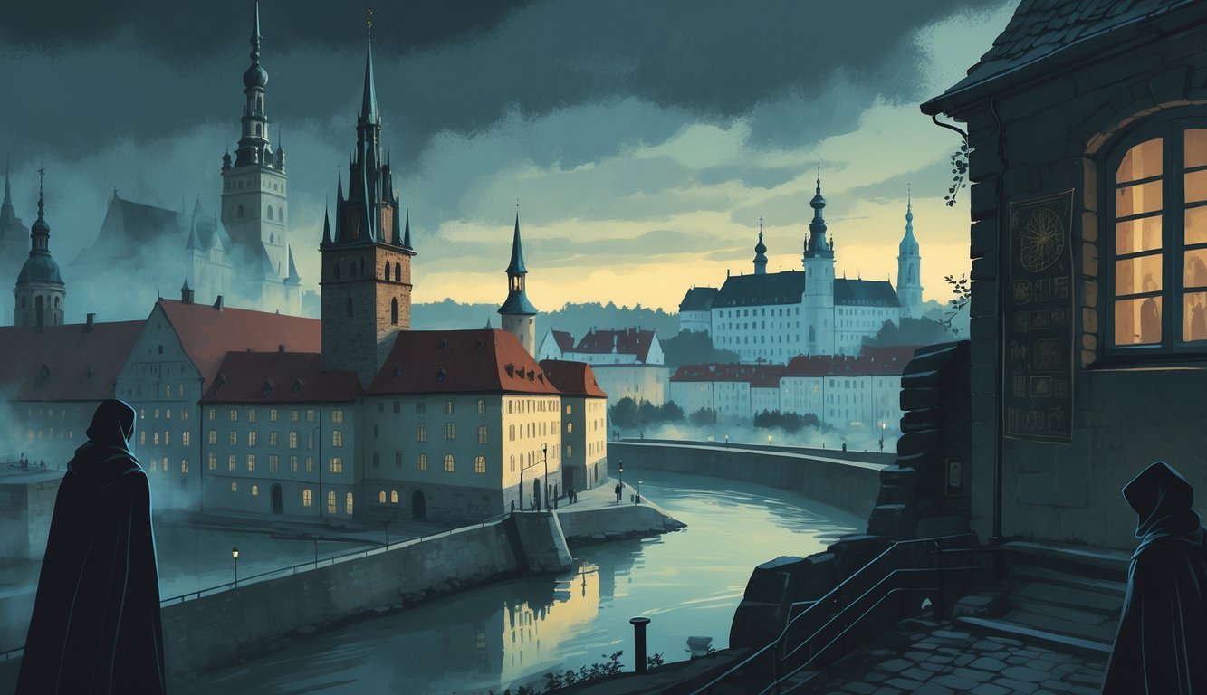 A nighttime cityscape showing Tallinn's medieval Old Town with spires and cobblestone streets next to Tartu's historic university buildings, both bathed in mist and shadow to suggest hidden mysteries.