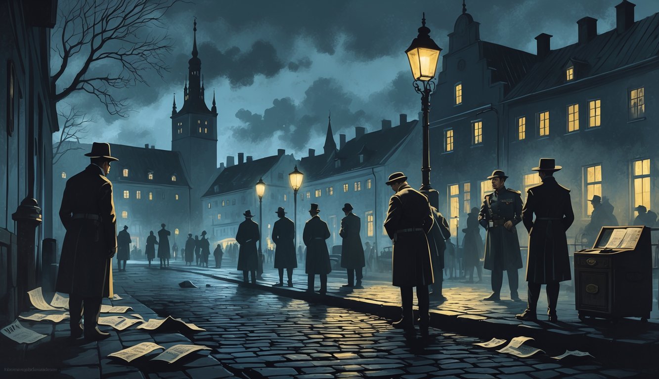A twilight scene of Tallinn's old town with shadowy early 20th century figures exchanging secret documents in dimly lit cobblestone streets under foggy skies.