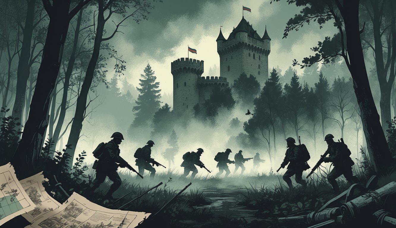 A misty forest scene with soldiers from different historical periods near an old Estonian castle, surrounded by old maps and vintage weapons.