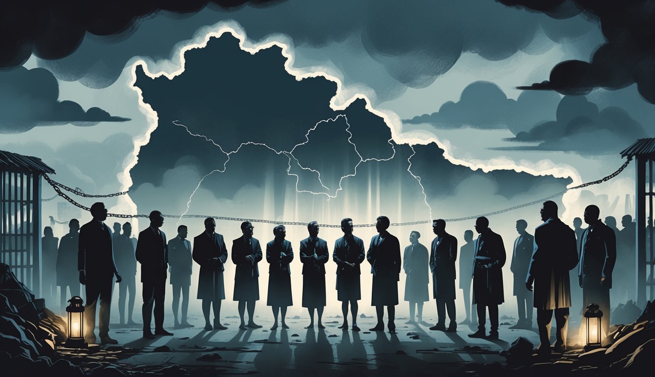 A group of somber people standing in front of a shadowed map of Equatorial Guinea, surrounded by symbols of broken chains, faded artifacts, and dim lanterns, with dark clouds and faint light breaking through.