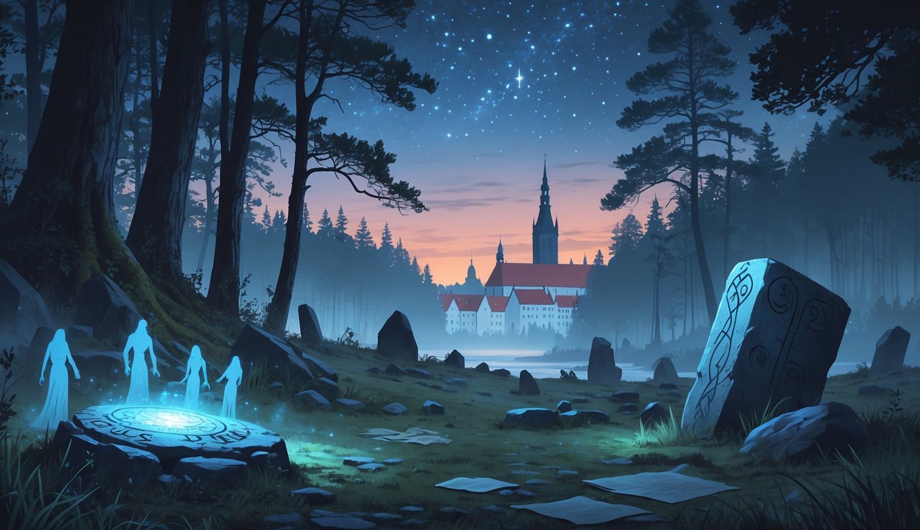 A misty ancient forest with stone ruins and a glowing rune stone, with Tallinn's medieval Old Town visible in the background under a twilight sky.