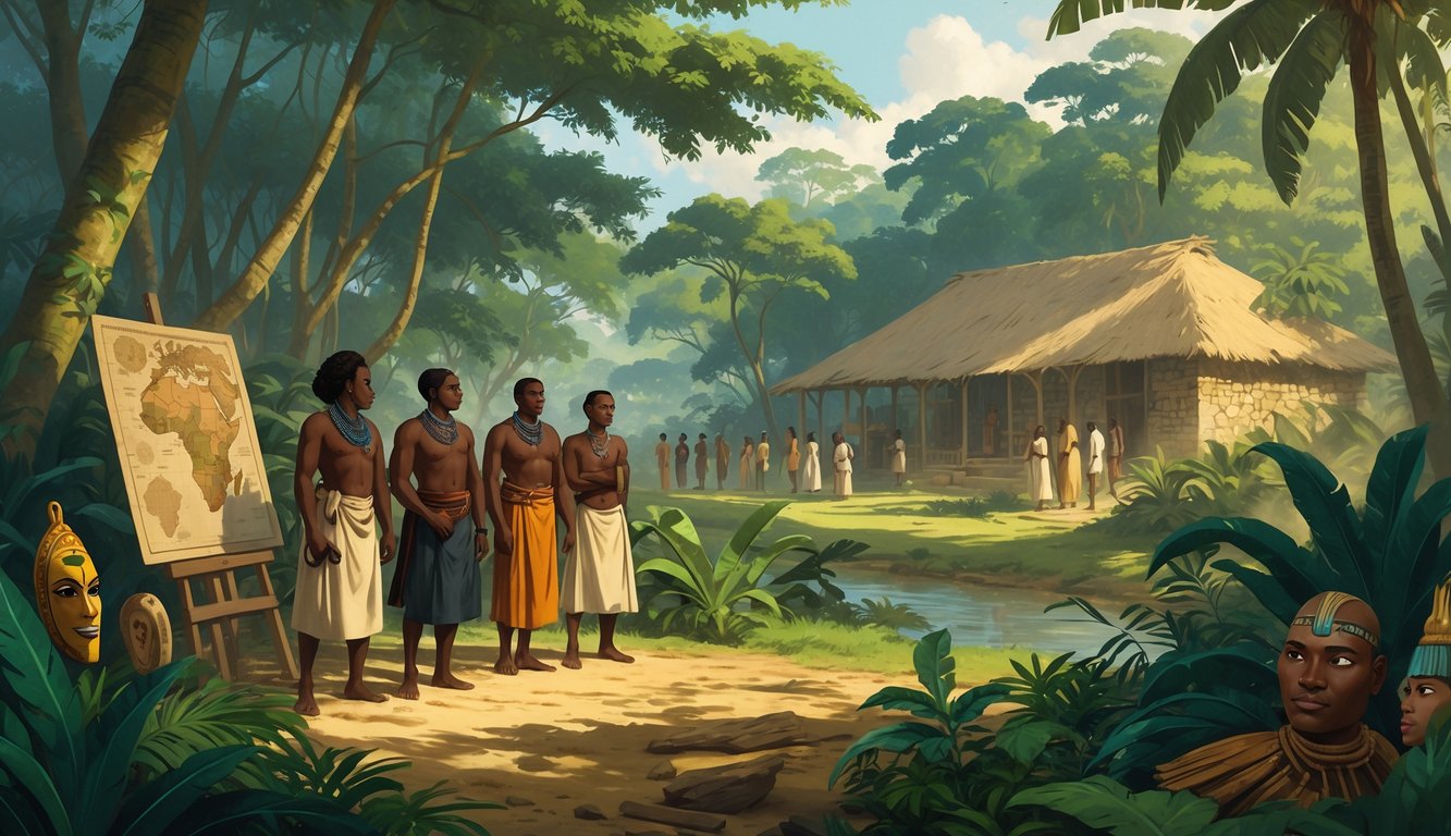 A tropical rainforest scene showing indigenous people and colonial figures near a small settlement, surrounded by mysterious artifacts and old maps.