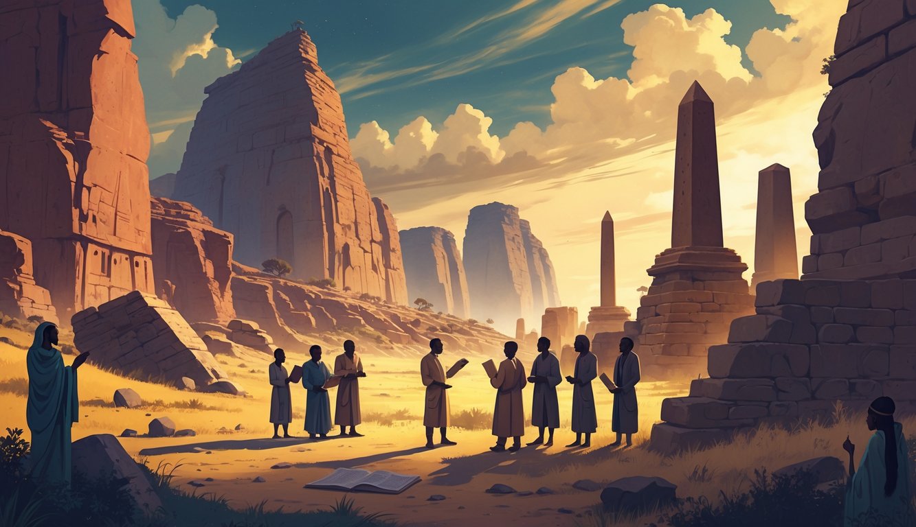 An ancient Ethiopian landscape showing rock-hewn churches, obelisks, archaeologists examining artifacts, and mysterious statues under a dramatic sky.