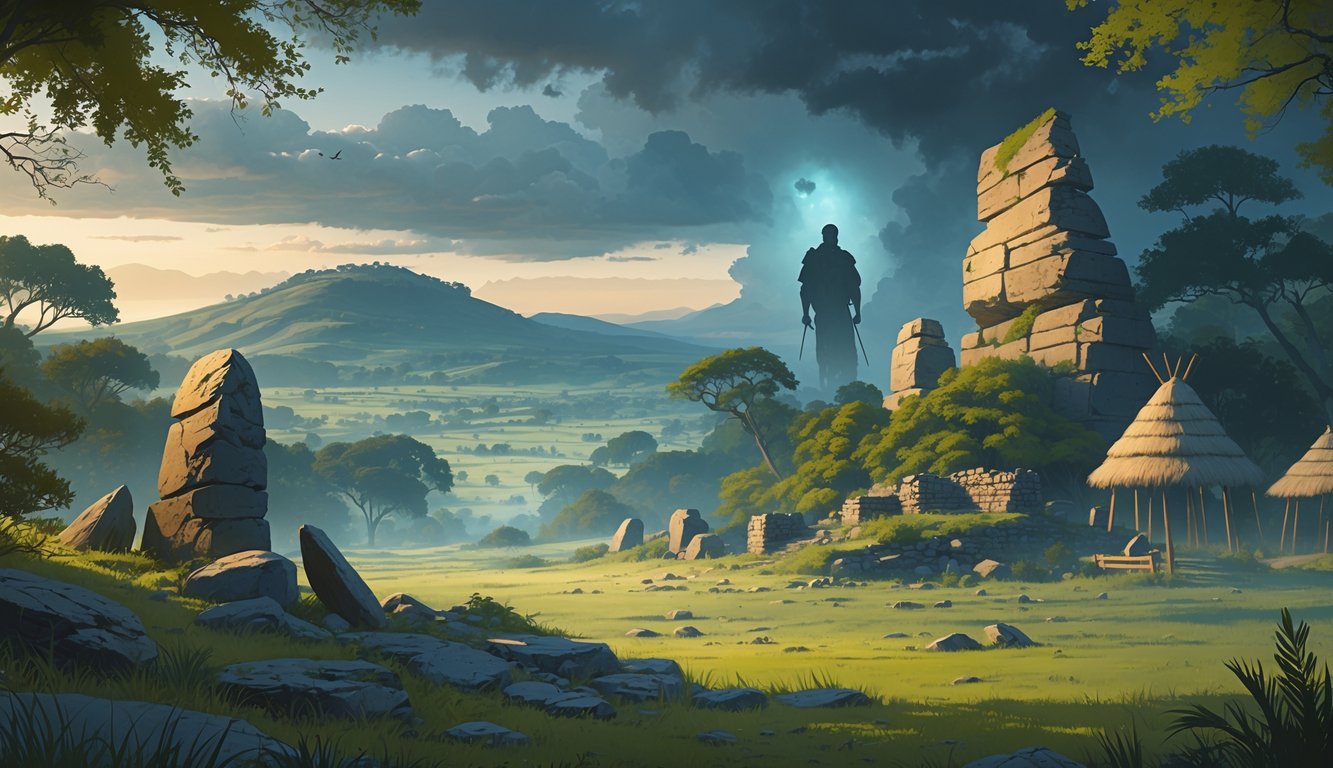 A landscape of Eswatini with hills, ancient stone ruins, traditional huts, and a faint ghostly figure in the mist symbolizing historical mysteries.