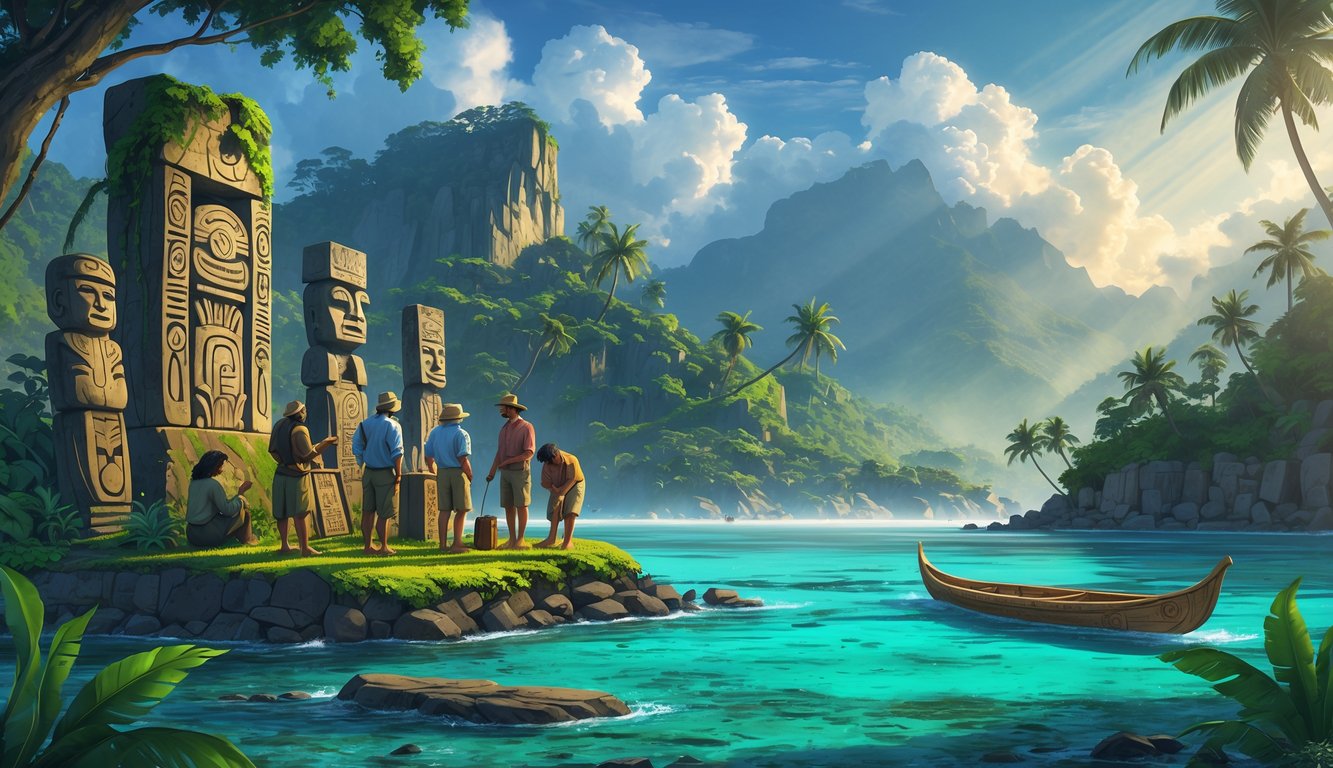 A tropical island with ancient stone ruins, archaeologists examining artifacts, a traditional canoe on clear water, and misty mountains in the background.