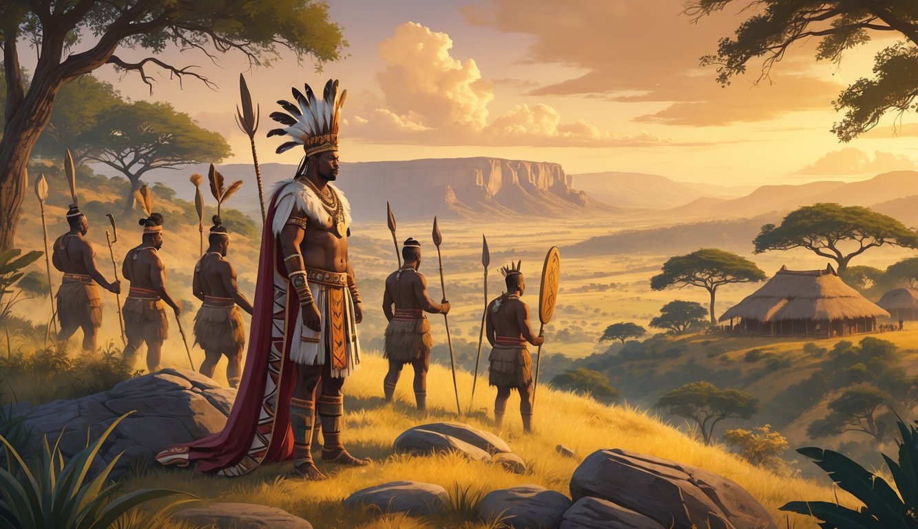 A Swazi king in traditional attire stands on a hill overlooking a valley with warriors and traditional huts in the background, surrounded by trees and hills under a golden sky.