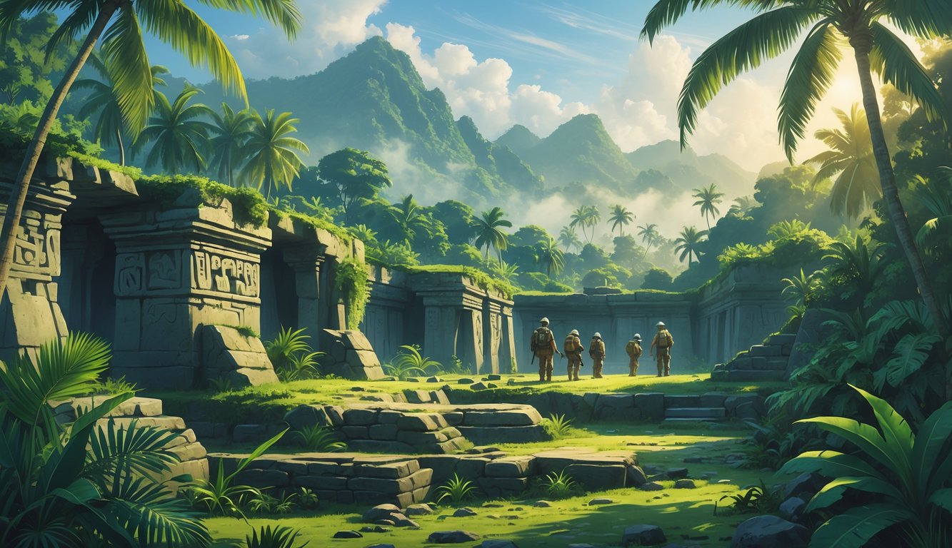 Ancient stone ruins covered by jungle vegetation on Viti Levu island with archaeologists exploring the site surrounded by tropical plants and mountains.