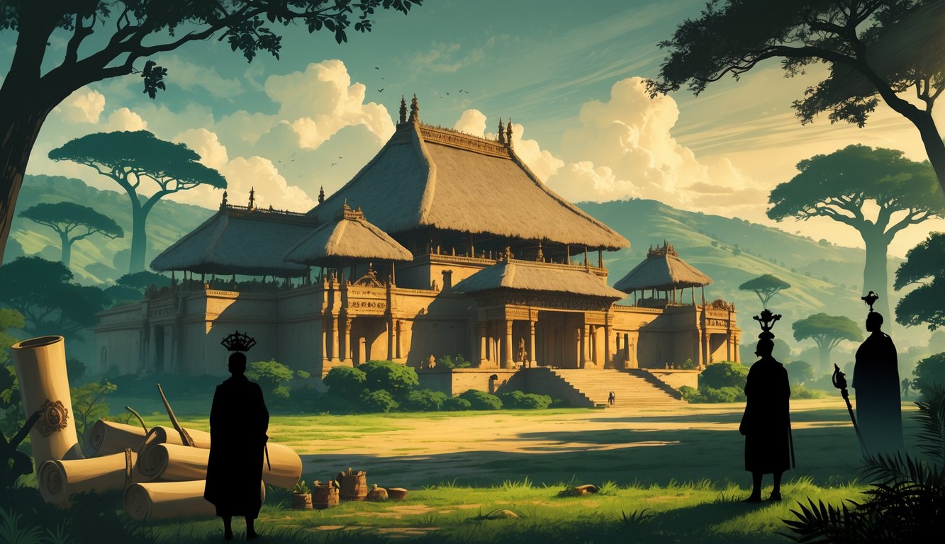 A traditional Swazi royal palace surrounded by lush hills and baobab trees, with shadowy figures and ancient artifacts suggesting historical mysteries of Eswatini's monarchy.