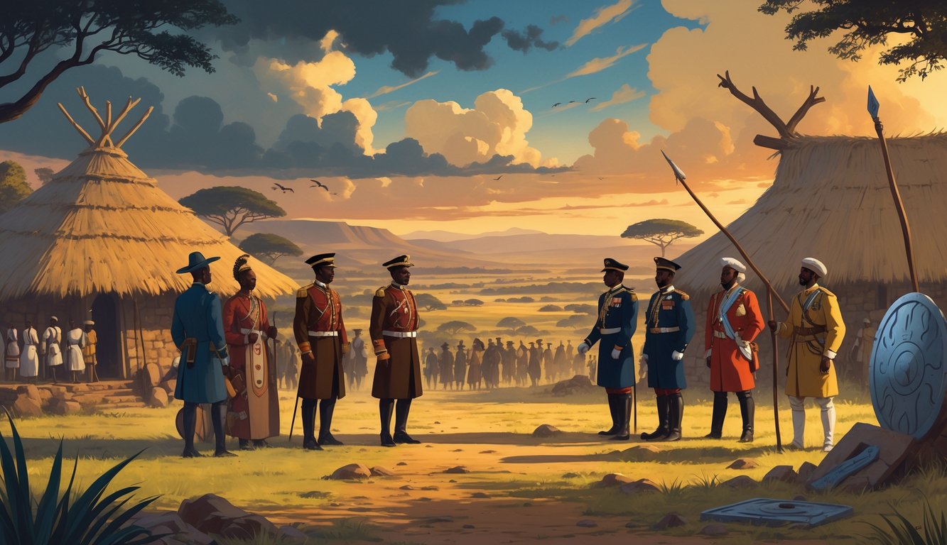 A scene showing Swazi royalty, British colonial officers, and villagers in a traditional African landscape with huts and artifacts, conveying historical mystery and cultural interaction.