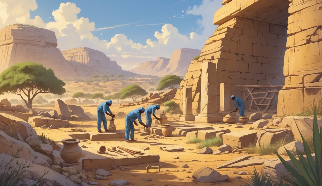 Archaeologists excavating ancient ruins and artifacts in a sunlit Ethiopian landscape with mountains and trees in the background.