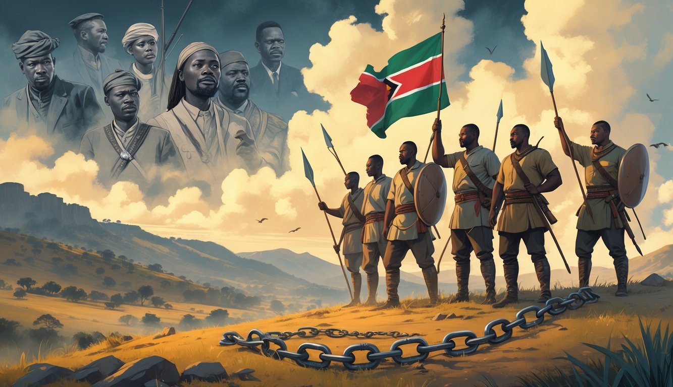 A group of Eswatini freedom fighters in traditional clothing stand on hills with a broken chain at their feet and faint images of historical figures in the sky above.