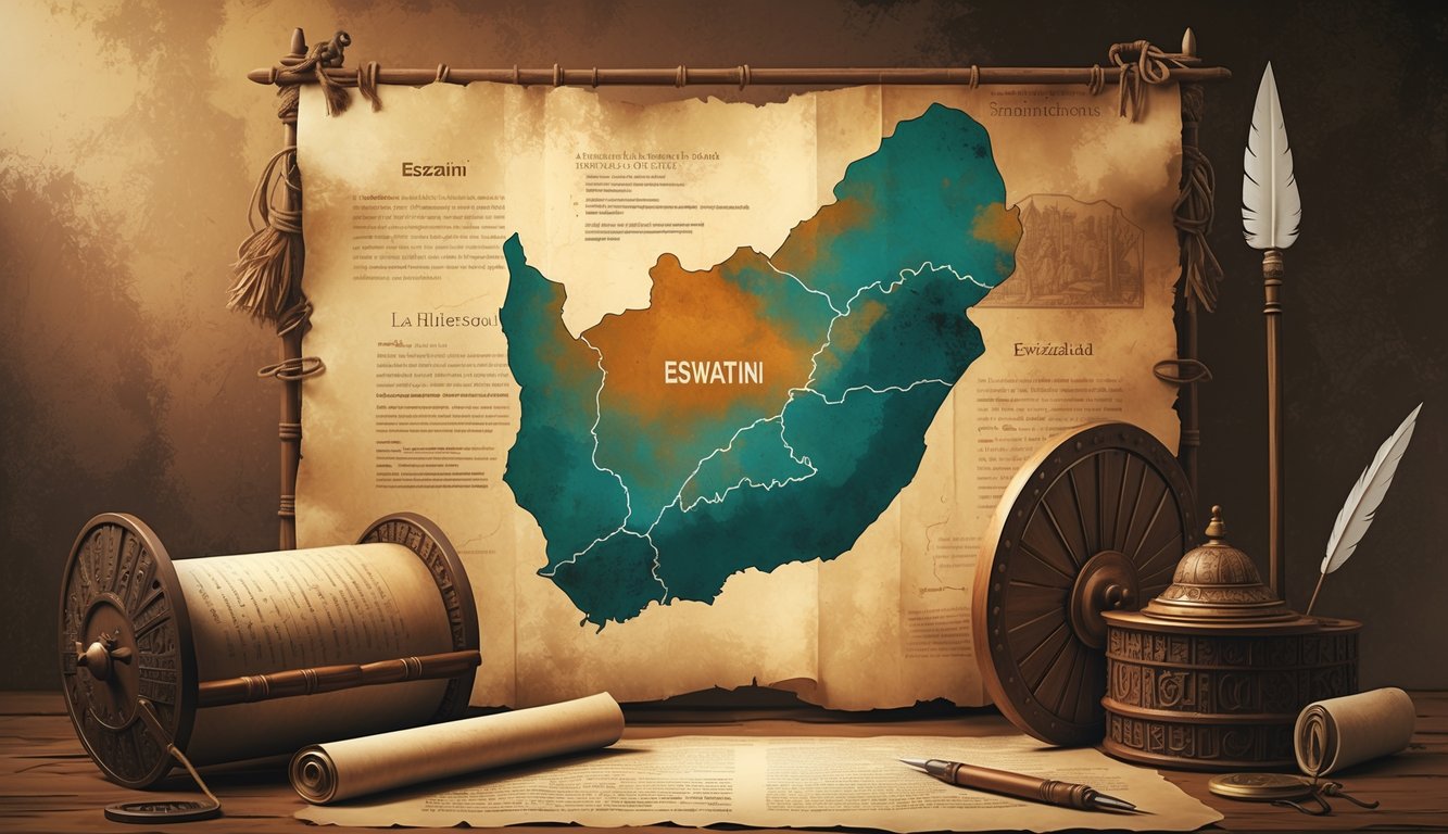 A map of Eswatini surrounded by traditional Swazi cultural items and historical documents, symbolizing the mystery of the country's name change.
