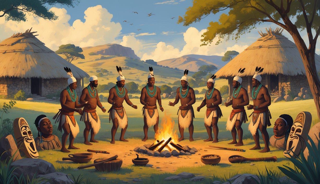 A group of Swazi elders in traditional clothing performing a ritual dance around a fire near traditional huts in a hilly landscape with ancient rock paintings visible on nearby stones.