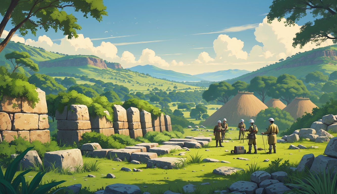 A group of archaeologists examining ancient stone ruins surrounded by green hills and forests in Eswatini.